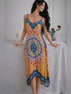 Vintage Jealous Tomato Yellow Bohemian Mandala Slip Dress with Blue Trim One Siz